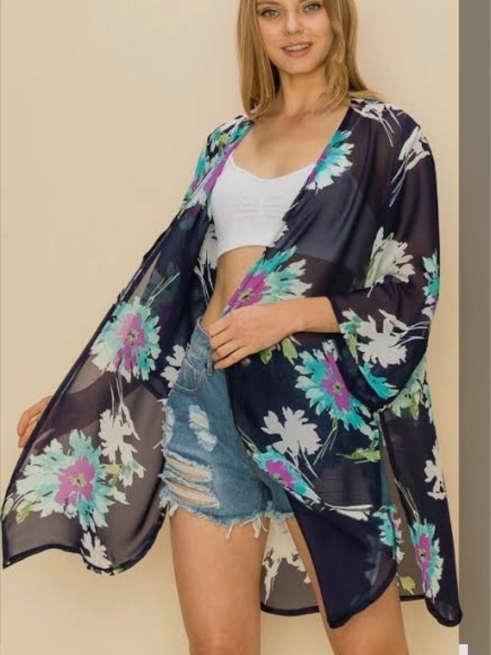 Navy Floral Sheer Kimono Cover-Up